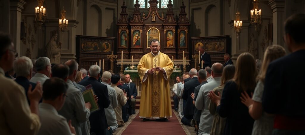 Kobieta modli się w tradycyjnym kościele katolickim z różańcem w ręku, otoczona przez innych wiernych. Scena podkreśla powagę moralną i potrzebę modlitwy w walce z aborcją.