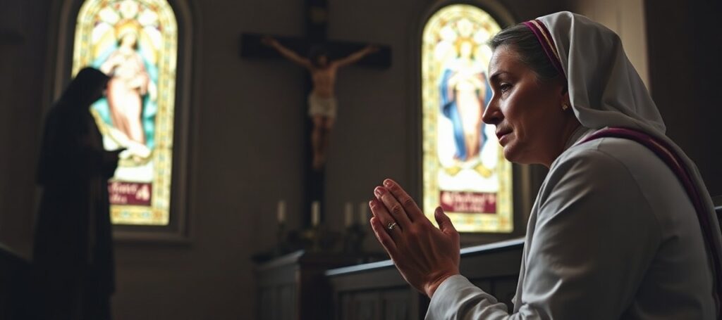 Kobieta modląca się w kościele przed krzyżem z łzami w oczach, na tle ciemnej sceny symbolizującej przemoc aborcji