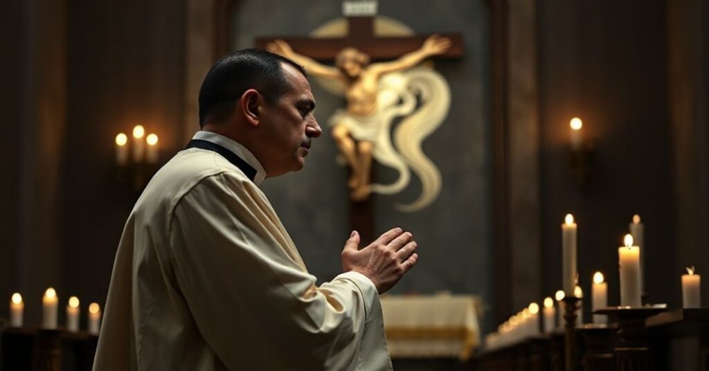 Kleryk w tradycyjnym stroju liturgicznym modli się przed krzyżem z cieniutkim obrazem płodu w tle.