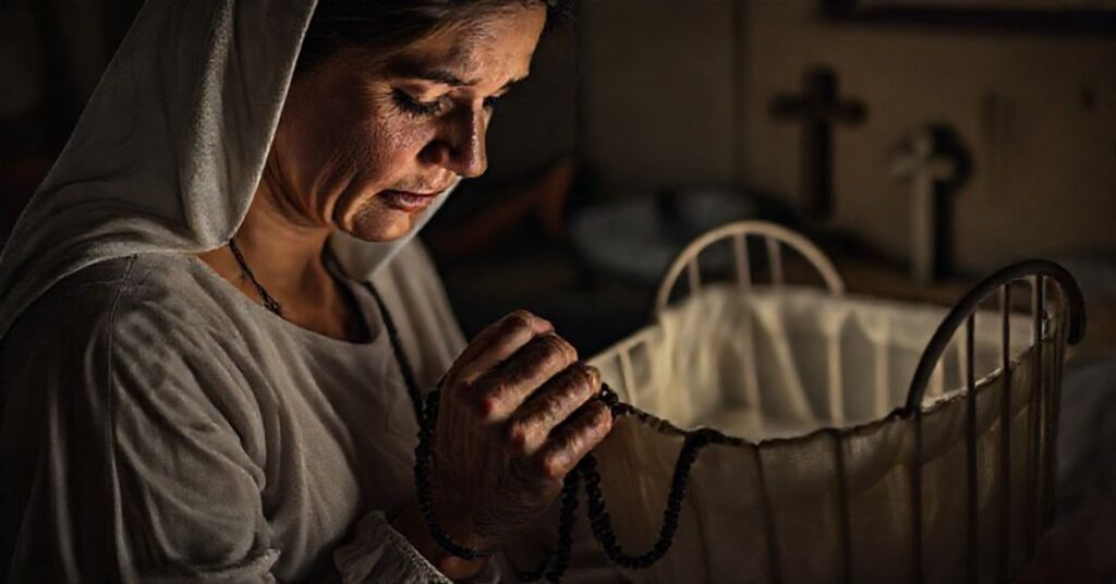 Poważna kobieta modląca się z różańcem w ręku przed pustą kołyską w przyciemnionym pokoju.