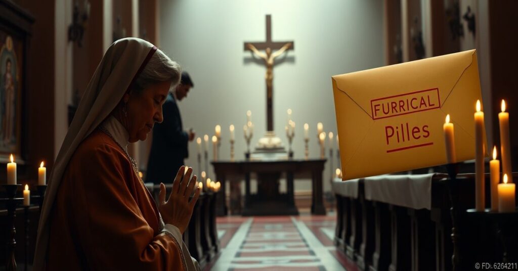 Kobieta w tradycyjnej katolickiej odzieży modli się przed ołtarzem w cieniu ciemnej biurokratycznej manipulacji FDA