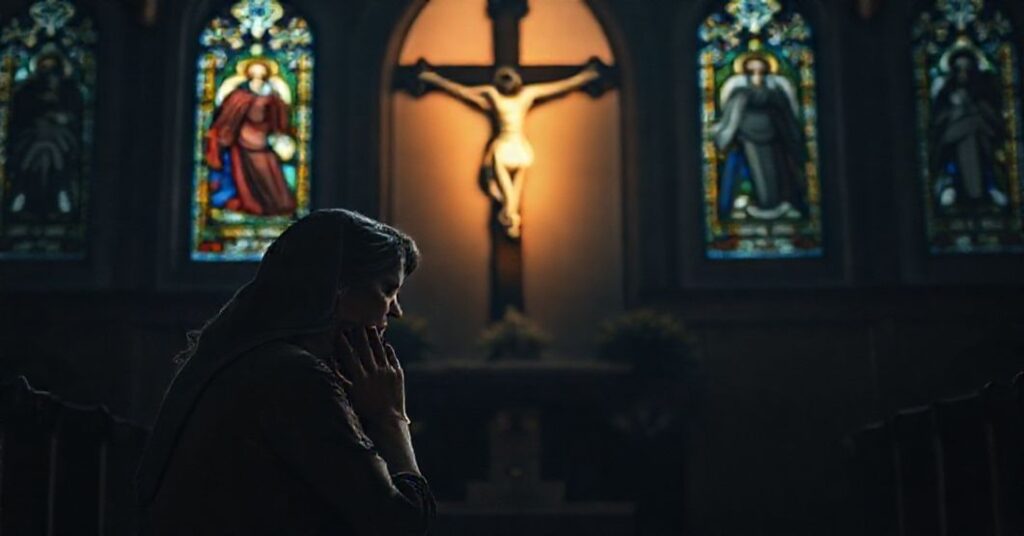 Kobieta modli się przed krzyżem w kaplicy w smutku za aborcję.