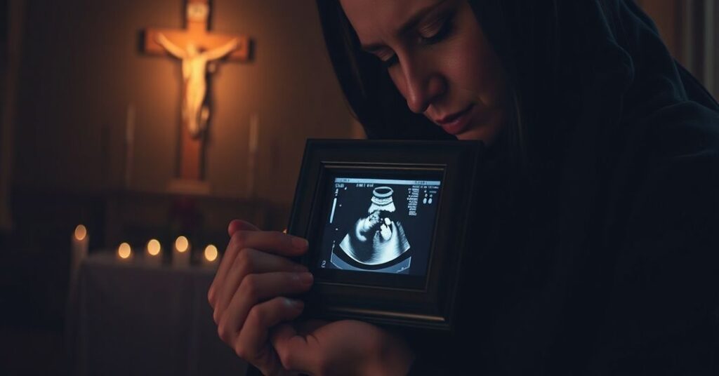 Porażona matka trzymająca zdjęcie USG nienarodzonego dziecka w tradycyjnym kościele katolickim, symbolizujące tragedię aborcji i świętość życia.