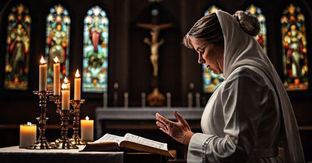 Kobieta w tradycyjnym stroju modli się przed ołtarzem z krzyżem i biblią, symbolizując tragikę aborcji i kryzys demograficzny.