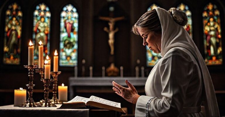 Kobieta w tradycyjnym stroju modli się przed ołtarzem z krzyżem i biblią, symbolizując tragikę aborcji i kryzys demograficzny.
