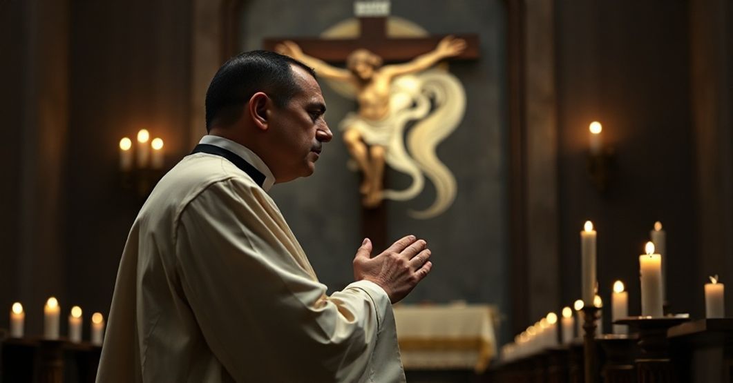 Kleryk w tradycyjnym stroju liturgicznym modli się przed krzyżem z cieniutkim obrazem płodu w tle.