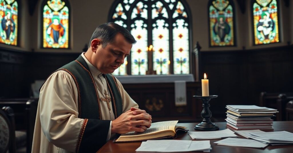 Kobieta w tradycyjnym katolickim stroju modli się przed ołtarzem z dokumentami na temat boreliozy i broni biologicznej USA