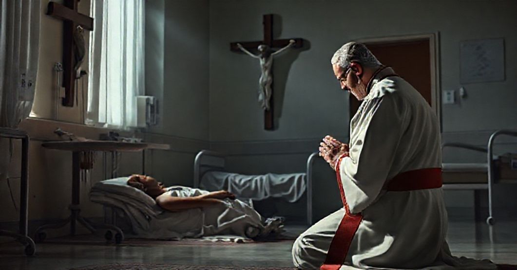 Kobieta w tradycyjnym stroju katolickim modli się przed krzyżem w szpitalnej izbie z samotną osobą niepełnosprawną w tle