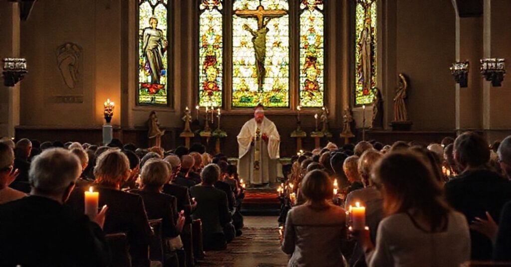 Pielgrzymi modlący się w tradycyjnym koście katolickim podczas nabożenstwa poświęconego ofiarom eutanazji w Kanadzie