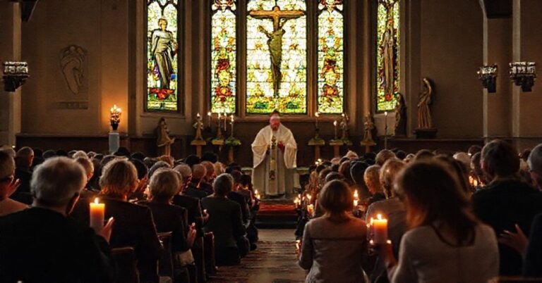 Pielgrzymi modlący się w tradycyjnym koście katolickim podczas nabożenstwa poświęconego ofiarom eutanazji w Kanadzie