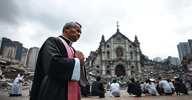 Priest in traditional vestments praying at the ruins of collapsed building in Hongkong, with a group of faithful kneeling in prayer.