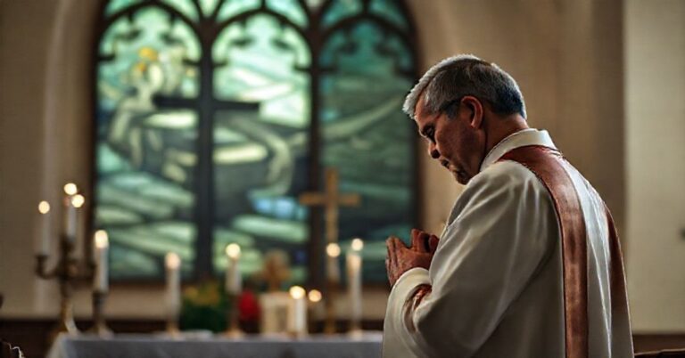 Trumienny katoliccy księż w tradycyjnych szatach modli się przed ołtarzem z obrazem katastrofy MH370 na tle. Scena podkreśla potrzebę modlitwy i pokuty.