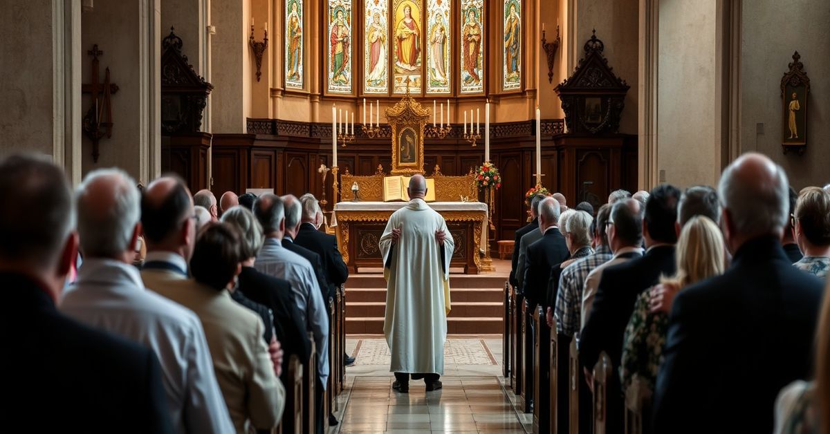 Katolicka liturgia w katedrze św. Mikołaja w Bielsku-Białej z księżmi Szczepanem Kobielusem i Tomaszami Sroką modląca się za ofiary nadużyć seksualnych.