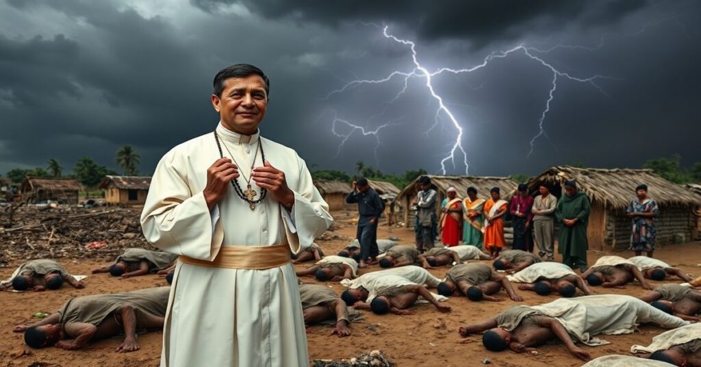 Kapłan w tradycyjnym stroju modli się nad ciałami ofiar piorunów w Bangladeszu podczas burzy