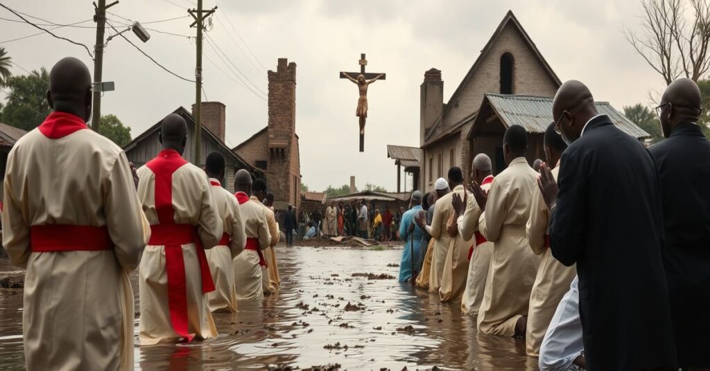 Sobór kapłanów i wiernych modlący się przed zniszczonym kościołem w Kenii po powodziach