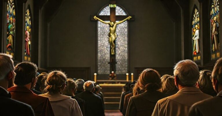 Zbieranie katolickie w kościele podczas modlitwy za ofiary skandalu Epsteina i kryzysu moralnego Ameryki
