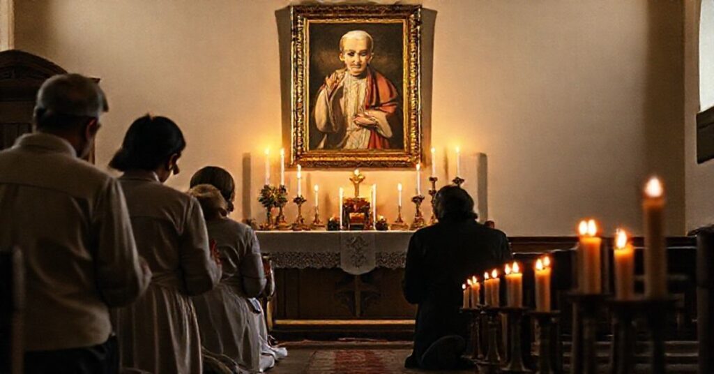 K Franciscykańska rodzina modli się przed tradycyjnym ołtarzem z zapaloną świecą w pamięci ofiar stanu wojennego.