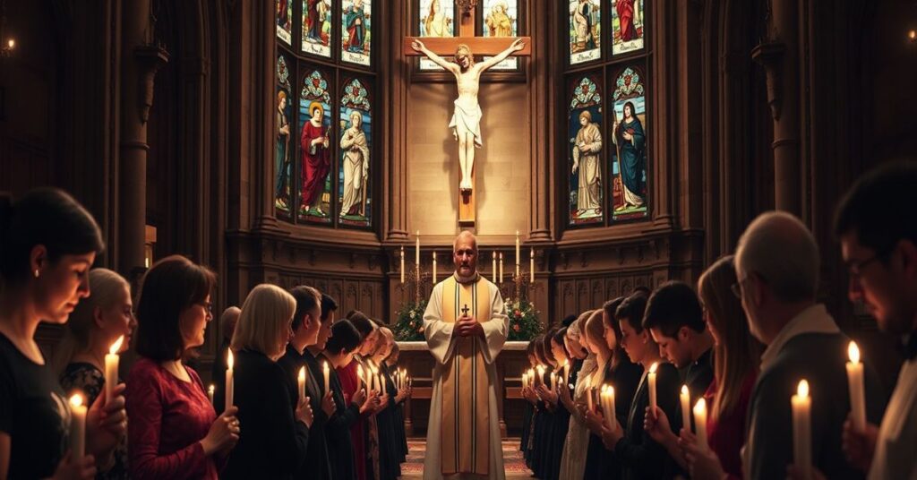 Modlitwa za ofiary eksperymentalnych "szczepień" w Kanadzie - wierni modlą się w kościele przed dużym krzyżem