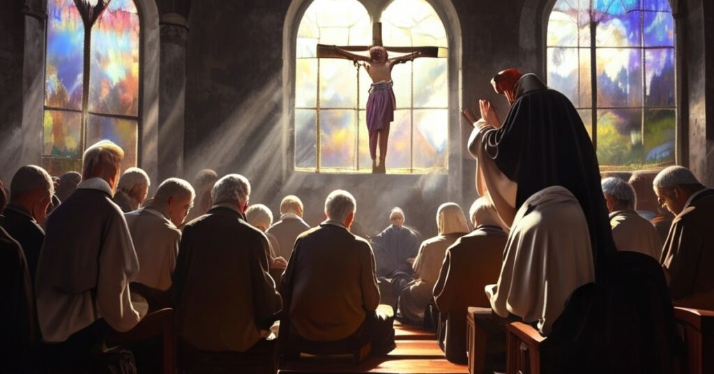 Grupa wiernych modli się w tradycyjnym kościele katolickim po tragedii w szwajcarskim barze