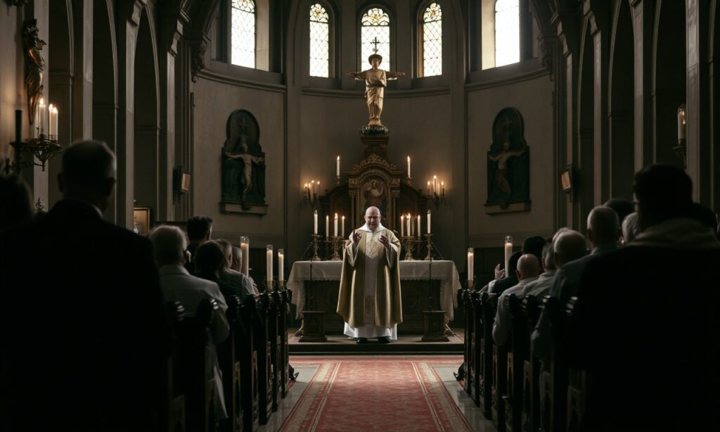 Wnętrze tradycyjnego kościoła katolickiego z księdzem celebrującym Mszę Świętą za dusze ofiar tragedii w Lipsku. Biskup Heinrich Timmerevers i Tobias Bilz modlą się na tle.
