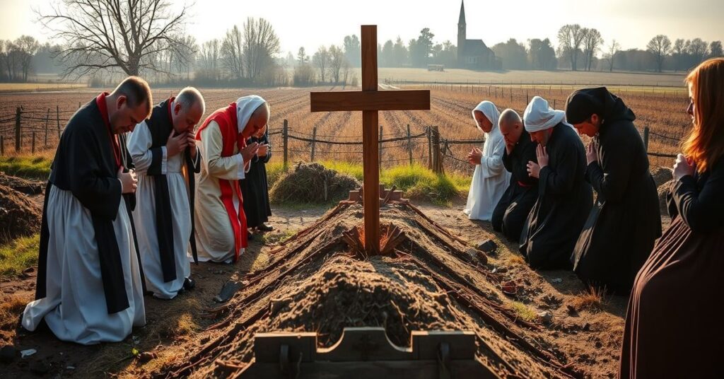 Tradycyjni katolicy modlący się przed krzyżem na mogiłach polskich ofiar UPA w Ugłach na Ukrainie