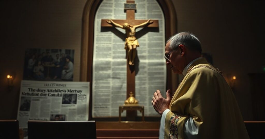 Ciemny wnętrze kaplicy z tradycyjnym kapłanem w modlitwie przed krzyżem podczas żałoby za ofiarami zamachu w Sydney podczas Chanuki