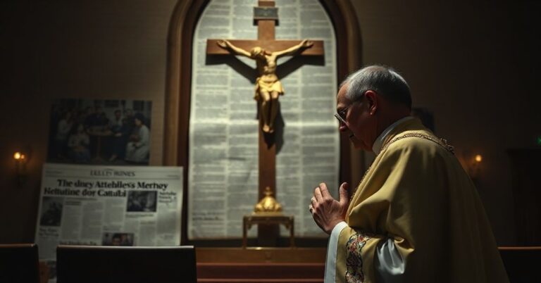 Ciemny wnętrze kaplicy z tradycyjnym kapłanem w modlitwie przed krzyżem podczas żałoby za ofiarami zamachu w Sydney podczas Chanuki