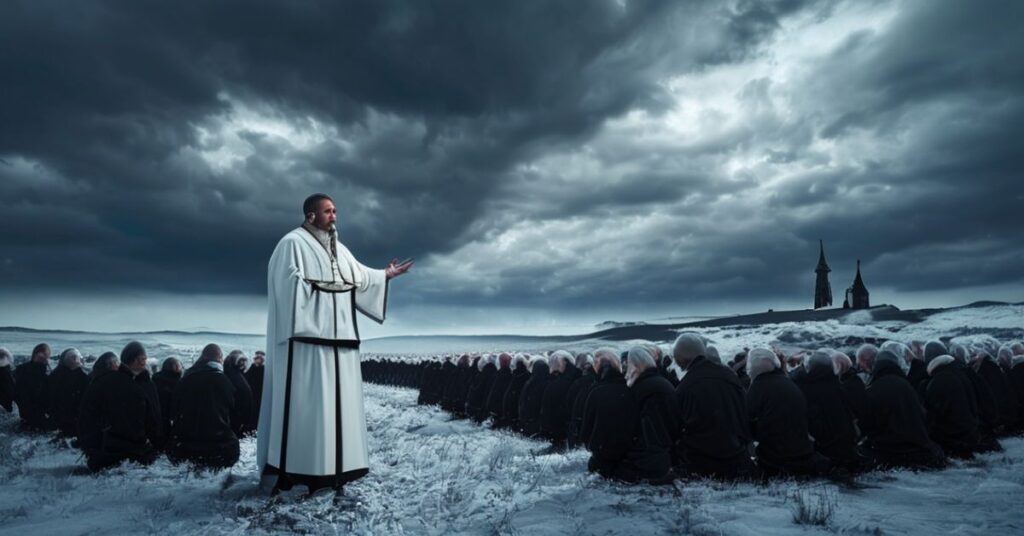 Kapłan w tradycyjnych szatach liturgicznych modli się w pokrytej śniegiem polu podczas burzliwego nieba.