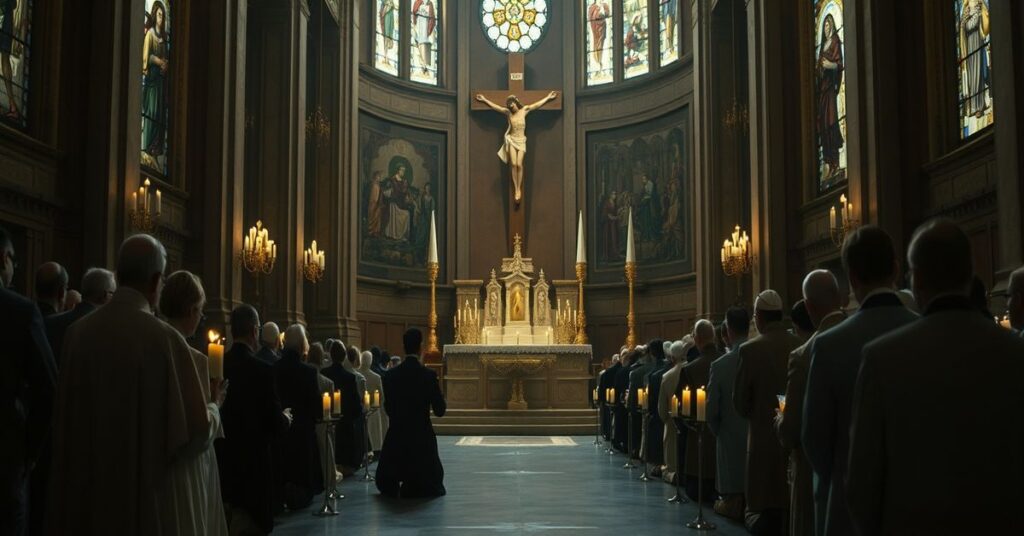 Realistyczny obraz pokojowej modlitwy w Bazylice Świętego Krzyża w Rzymie pod przewodnictwem kardynała Baldassare Reina i kardynała Dominique Mathieua.