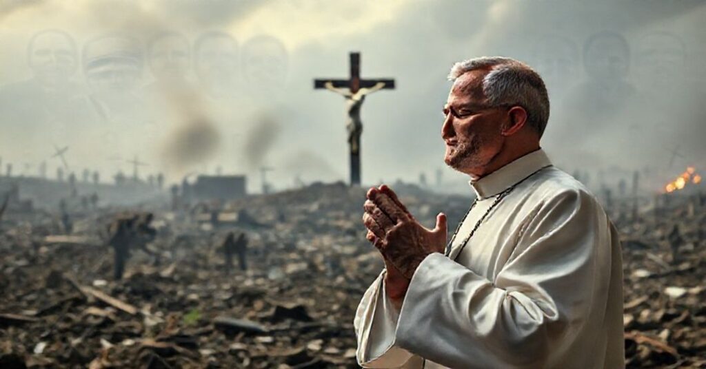 Ksiądz katolicki modli się przed zniszczonym krajobrazem wojny, trzymając krzyż, podkreślając potrzebę Chrystusa jako Króla dla prawdziwego pokoju.