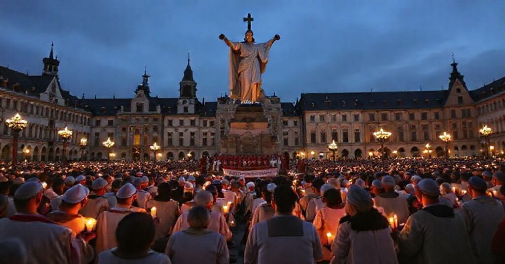Modlitwa katolicka w starożytnym rynku europejskim z wiernymi przed posągiem Chrystusa Króla i biskupami w tradycyjnych szatach.