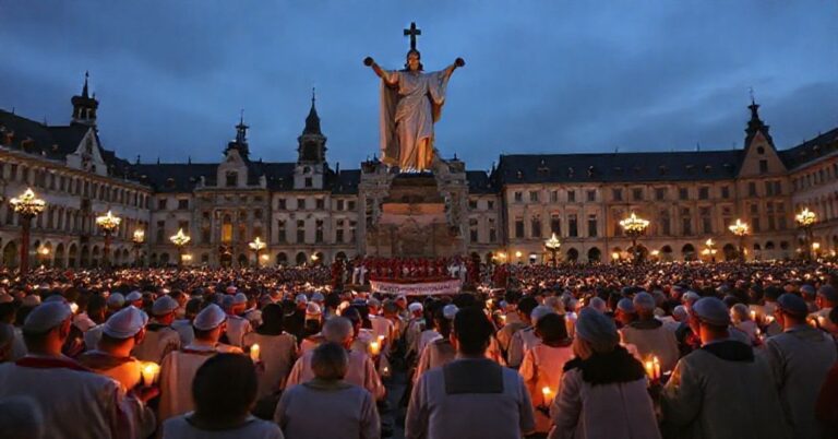 Modlitwa katolicka w starożytnym rynku europejskim z wiernymi przed posągiem Chrystusa Króla i biskupami w tradycyjnych szatach.