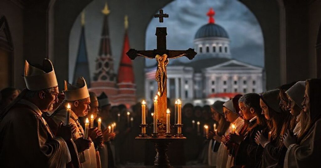 Tradycyjny zbór katolicki w modlitwie o pokój Chrystusa Króla w obliczu geopolitycznych konfliktów