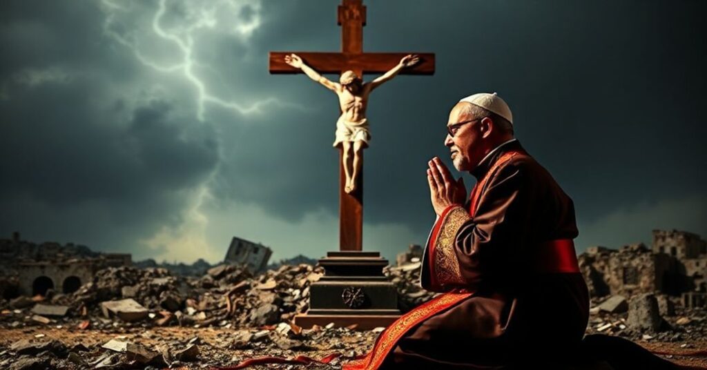 Katolicki ksiądz w tradycyjnych szatach modli się przed krzyżem na tle zniszczonej Gazy, symbolizując konieczność panowania Chrystusa dla trwałego pokoju
