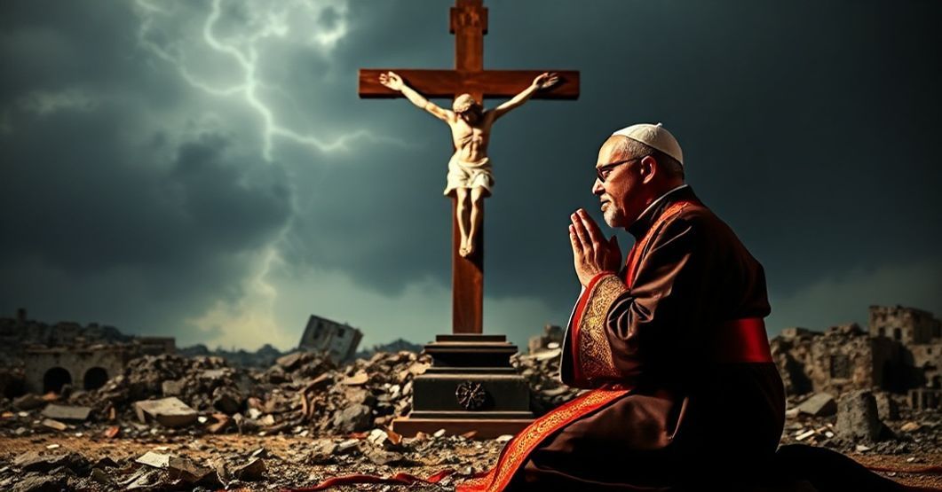 Katolicki ksiądz w tradycyjnych szatach modli się przed krzyżem na tle zniszczonej Gazy, symbolizując konieczność panowania Chrystusa dla trwałego pokoju