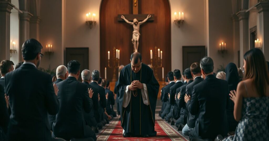 Cerkiewny obrzęd żałobny z wiernymi modlącymi się przed krzyżem