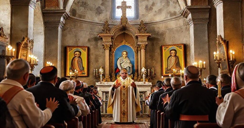 Tradycyjna katolicka liturgia z modlitwami o pokój i nawrócenie Rosji, z ikonami Matki Boskiej Fatimskiej.