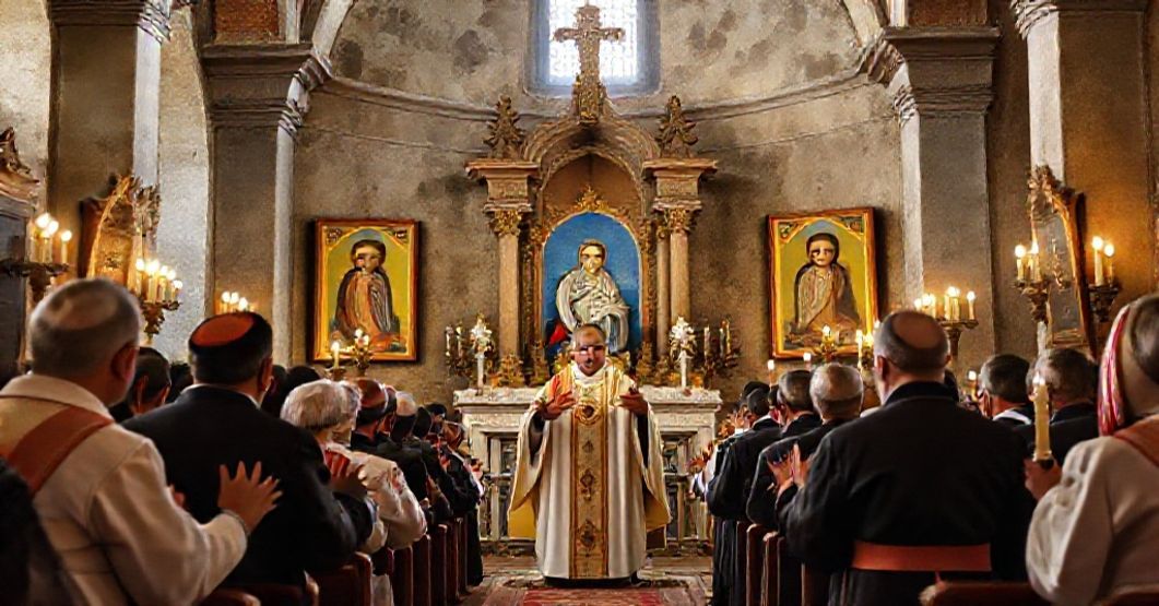 Tradycyjna katolicka liturgia z modlitwami o pokój i nawrócenie Rosji, z ikonami Matki Boskiej Fatimskiej.
