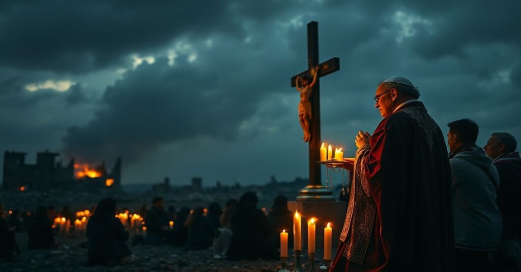 Modlący się katolicki kapłan w tradycyjnych szatach z monstrancją przed krzyżem w zniszczonym libańskim pejzażu