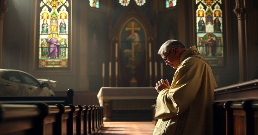 Ksiądz w tradycyjnym stroju liturgicznym modli się w kościele za pokój na Bliskim Wschodzie