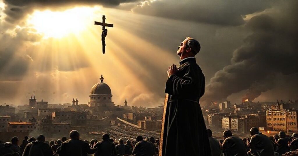 Książ w tradycyjnym sutannie modli się przed krucyfiksem na tle zniszczonego miasta, podkreślając duchową walkę za panowanie Chrystusa Króla nad narodami.