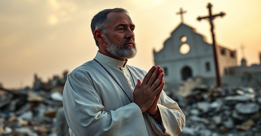 Modlitwa za pokój w Gazie - perspektywa katolicka. Ksiądz w tradycyjnym stroju liturgicznym modli się przed zniszczonym kościołem w Strefie Gazy na tle cierpienia cywilów.