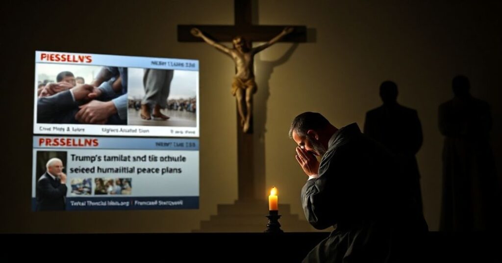 Ksiądz modli się przed krzyżem w cieniu nowych pojawiających się ideologii