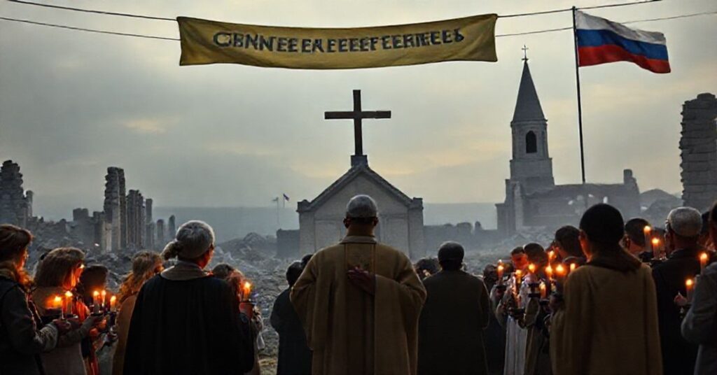 Czcigodny ksiądz prowadzi modlitwę z grupą wiernych przed zniszczonym kościołem na tle wojennego krajobrazu, symbolizując odporność wiary w czasie wojny.