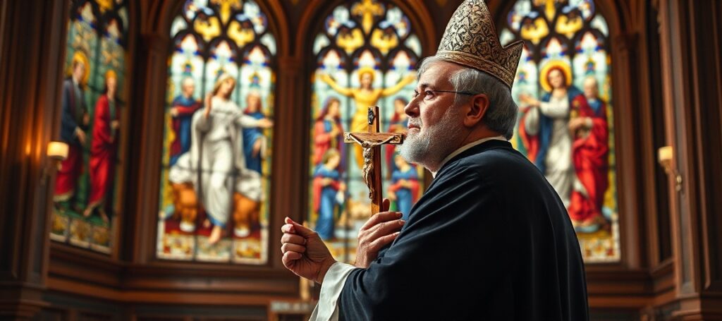 Tradycyjny ksiądz w kaplicy modlący się o pokój świata z obrazami Chrystusa Króla w tle