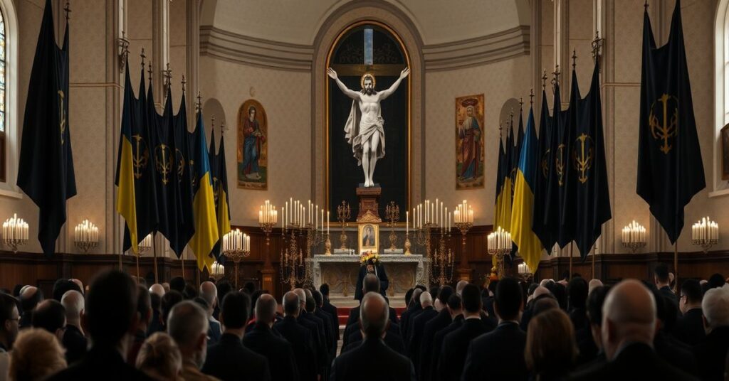 Wierni modlący się w tradycyjnym kościele katolickim o pokój i nawroćcenie w czasie wojny