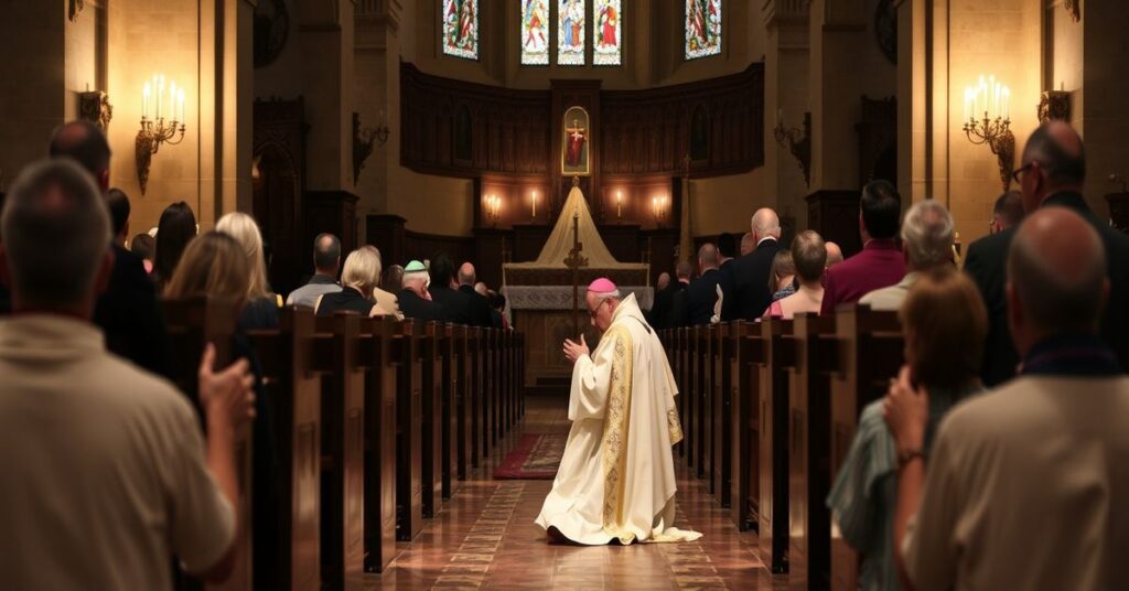 Wierna katolicka wspólnota modli się o pokój w Królestwie Chrystusa Króla podczas tradycyjnej mszy św.