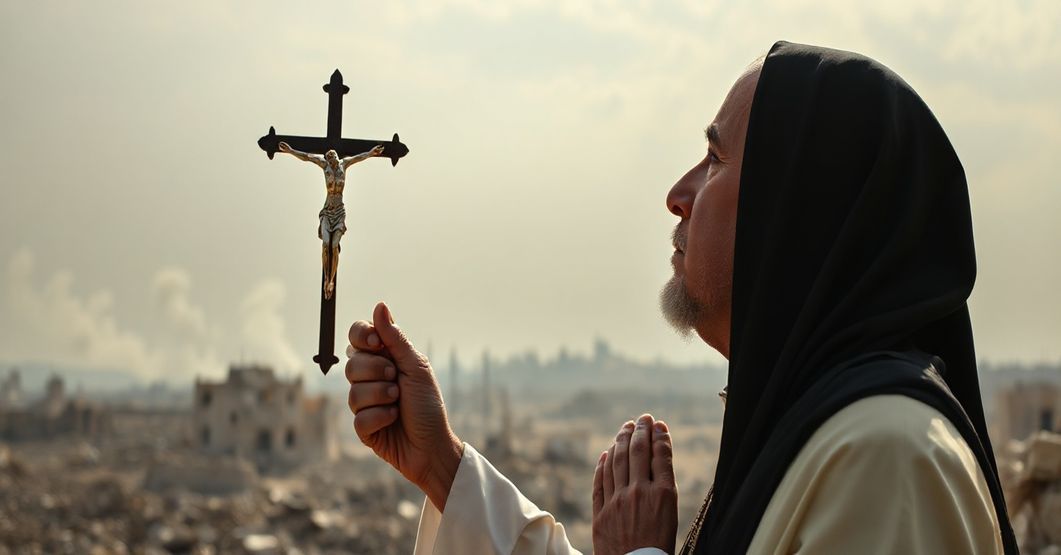 Ksiądz w tradycyjnych szatach modli się przed spustoszeniem w Strefie Gazy, trzymając krzyż, symbolizując modlitwę o pokój i Boże wstawiennictwo.