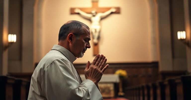 Kneeling priest praying before crucifix in a dimly lit church interior