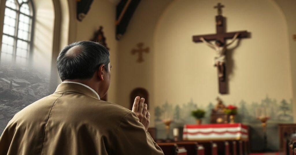 Tradycyjny katolicki kościół w środku modlitwy przed krzyżem z widokami wojny w Ukrainie na tle.